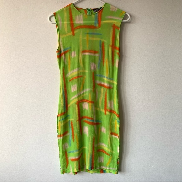 Vintage Versace 1996 Silk Jersey Abstract Print Lime Green Sleeveless Mini Dress - Picture 6 of 13